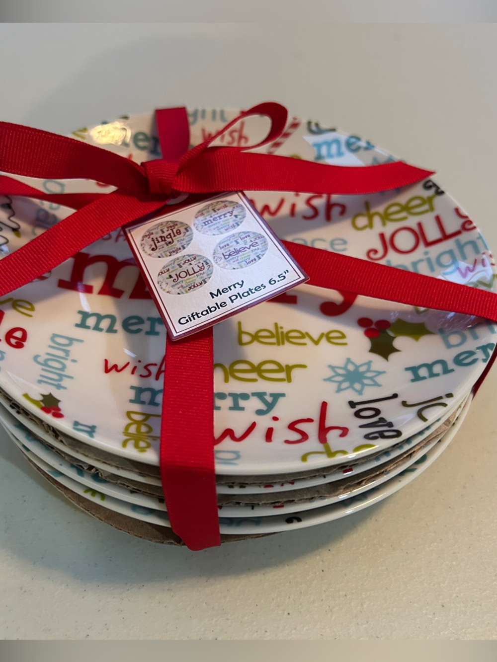 90’s Vintage Holiday Word-Print Ceramic Plates - Red Accent